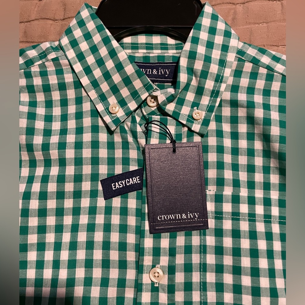 Long sleeve button down brand new green and white checked